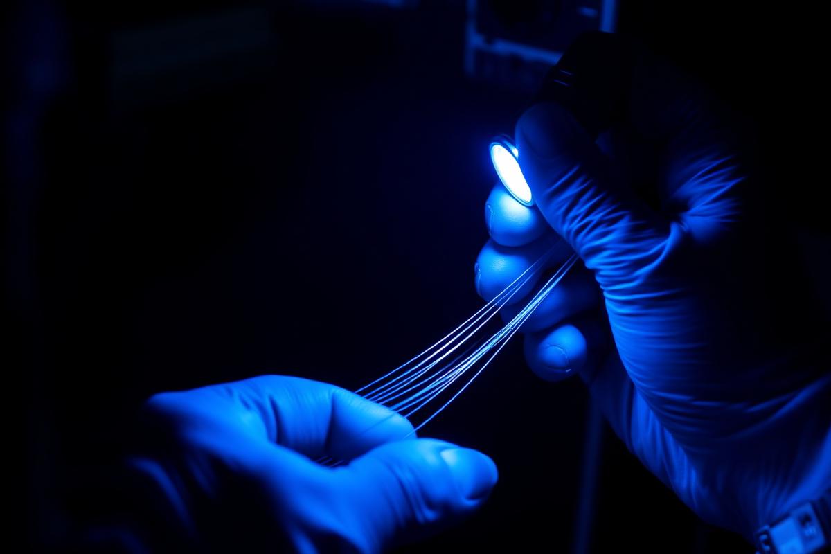 Gloved fiber optic technician handling glowing fiber strands during hands-on training