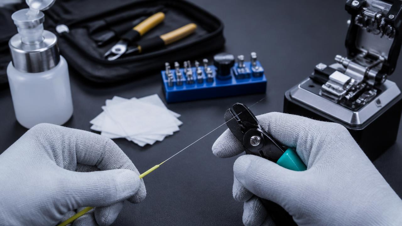 Gloved technician stripping the coating from a single optical fiber, with alcohol, lint-free wipes and a precision cleaver staged nearby.