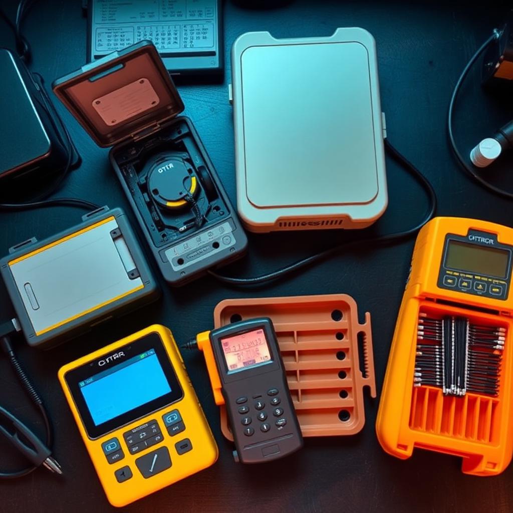 Fiber technician equipment laid out on workbench: fusion splicer, cleaver, OTDR, light meter