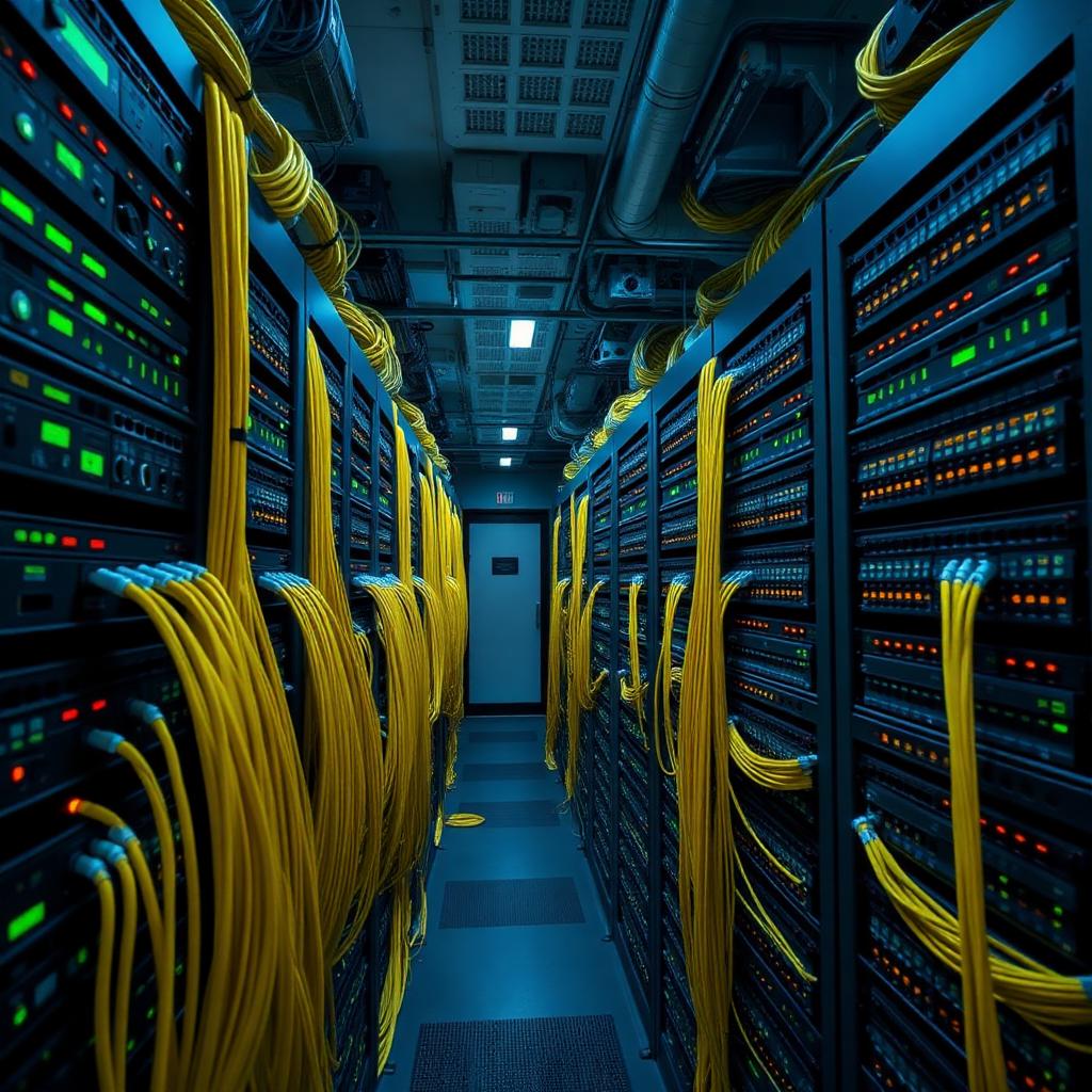 OLT shelves and fiber patch panels inside a telecom central office