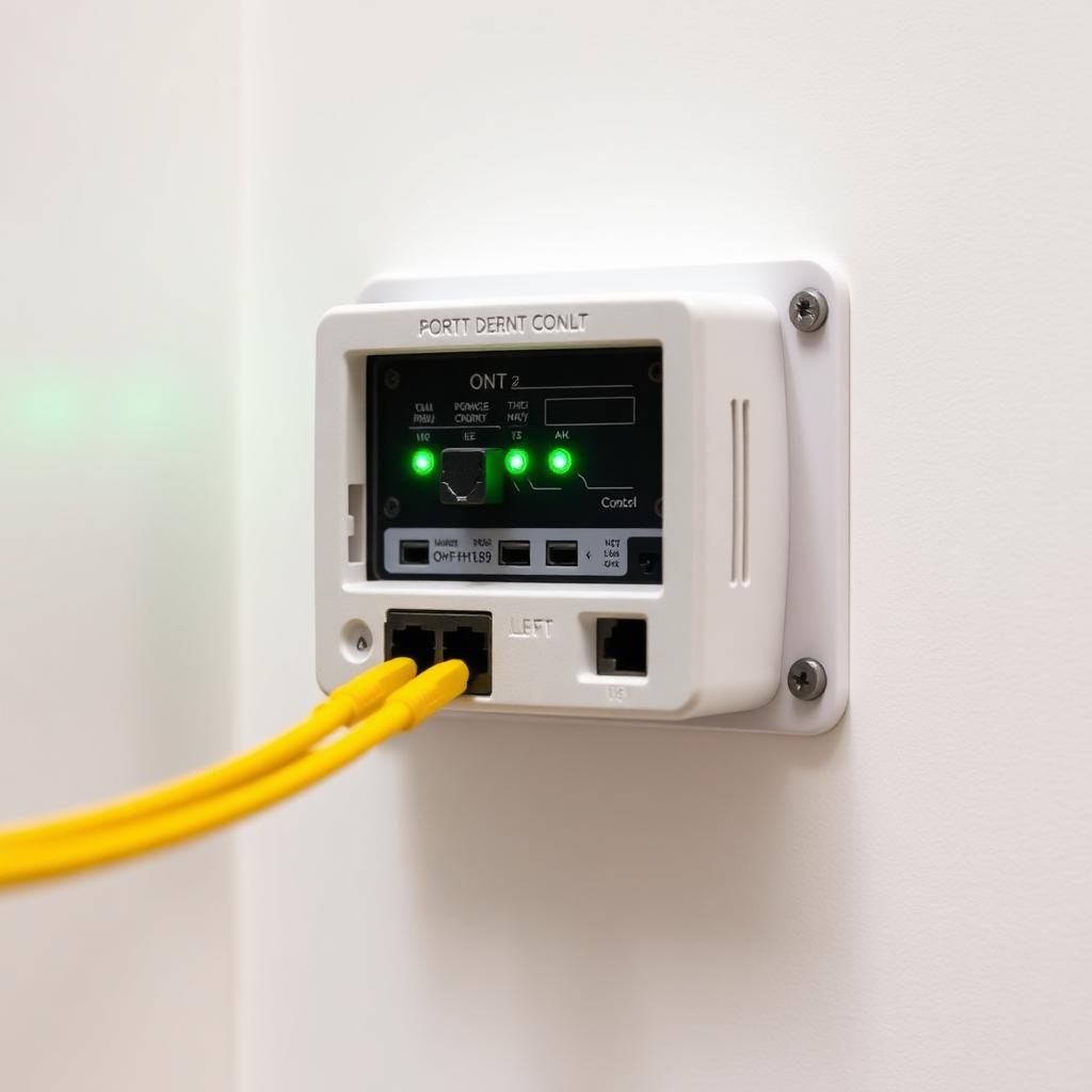 Residential ONT mounted on a wall with yellow fiber jumper