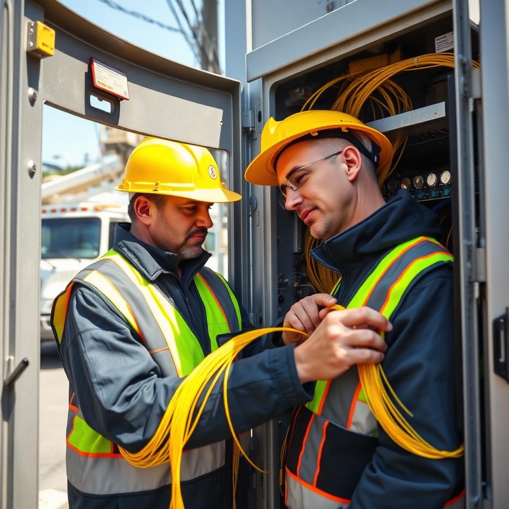 Two fiber technicians in safety vests working inside a street cabinet