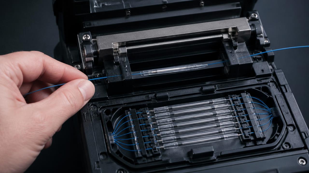 Clear heat-shrink splice protection sleeves seated in a splice tray, with a fiber being placed into the splicer heat oven.