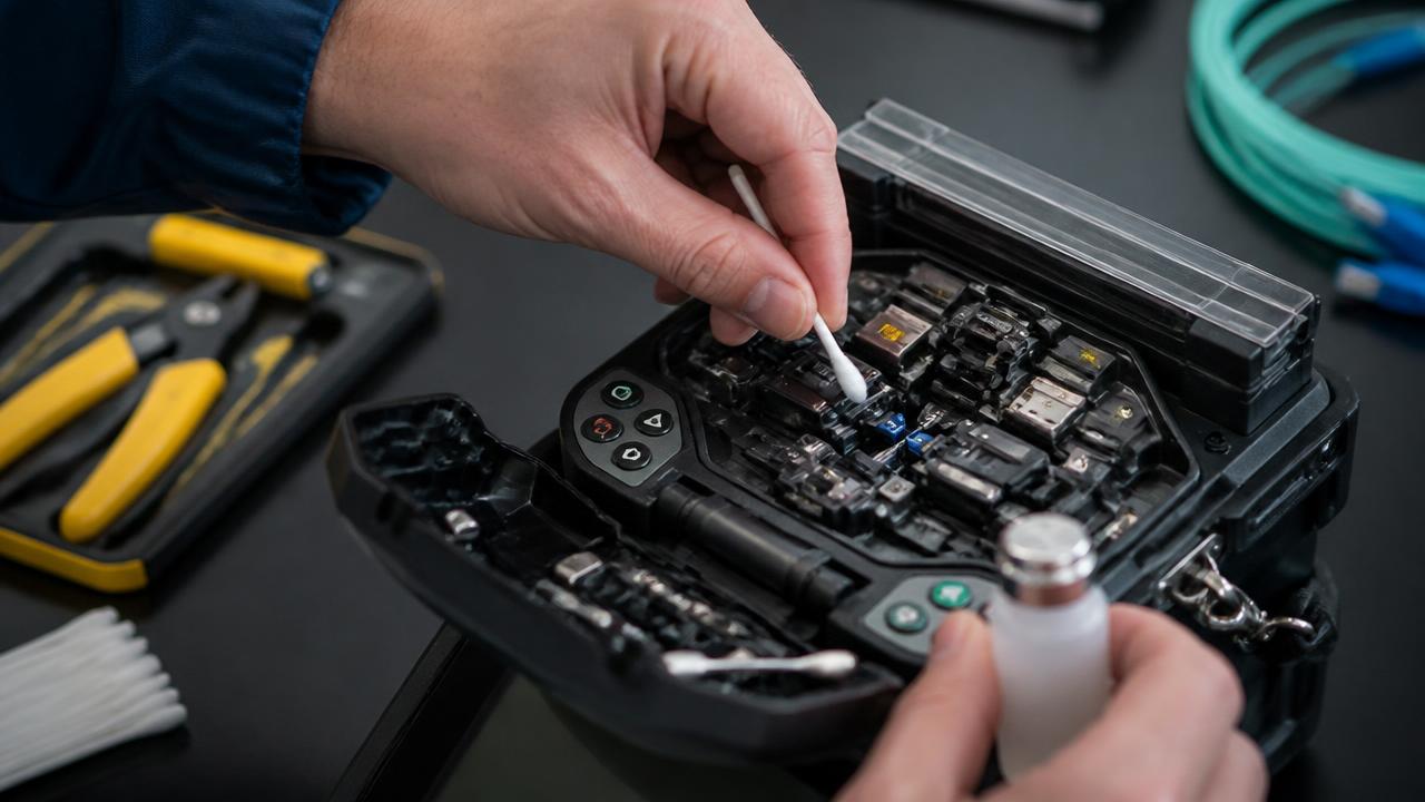 Technician cleaning a fusion splicer's V-grooves and electrode area with a swab and alcohol.